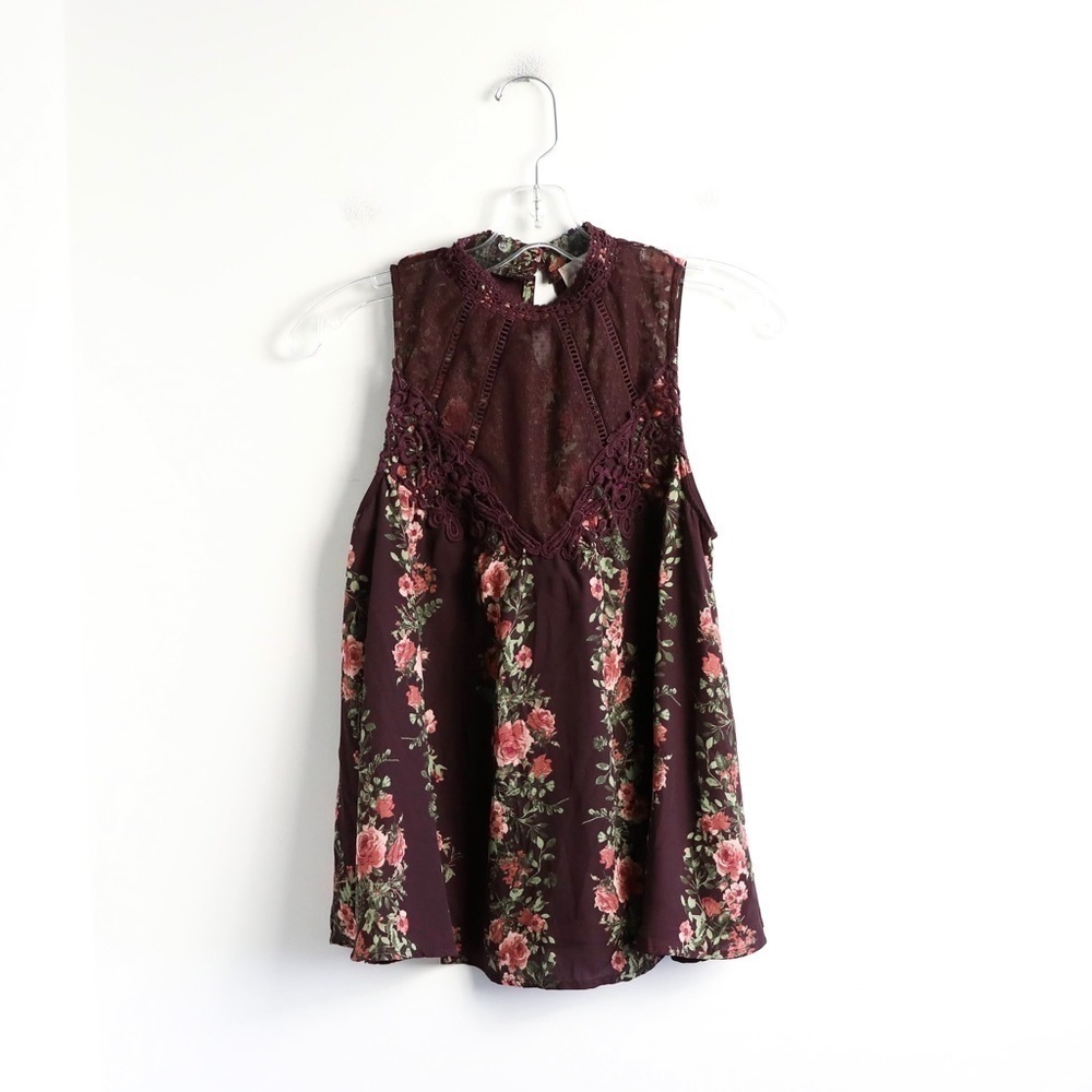Altar'd State maroon halterneck floral print blouse sleeveless top lace Small S